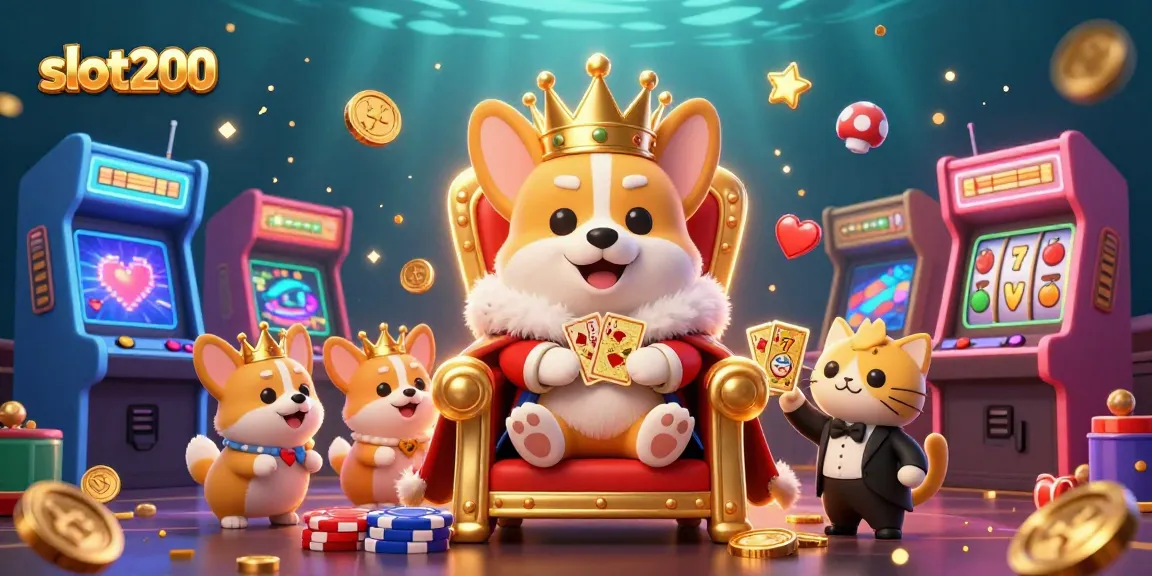 Permainan slot200 dengan ikonik corgi kerajaan dan elemen kasino yang meriah.