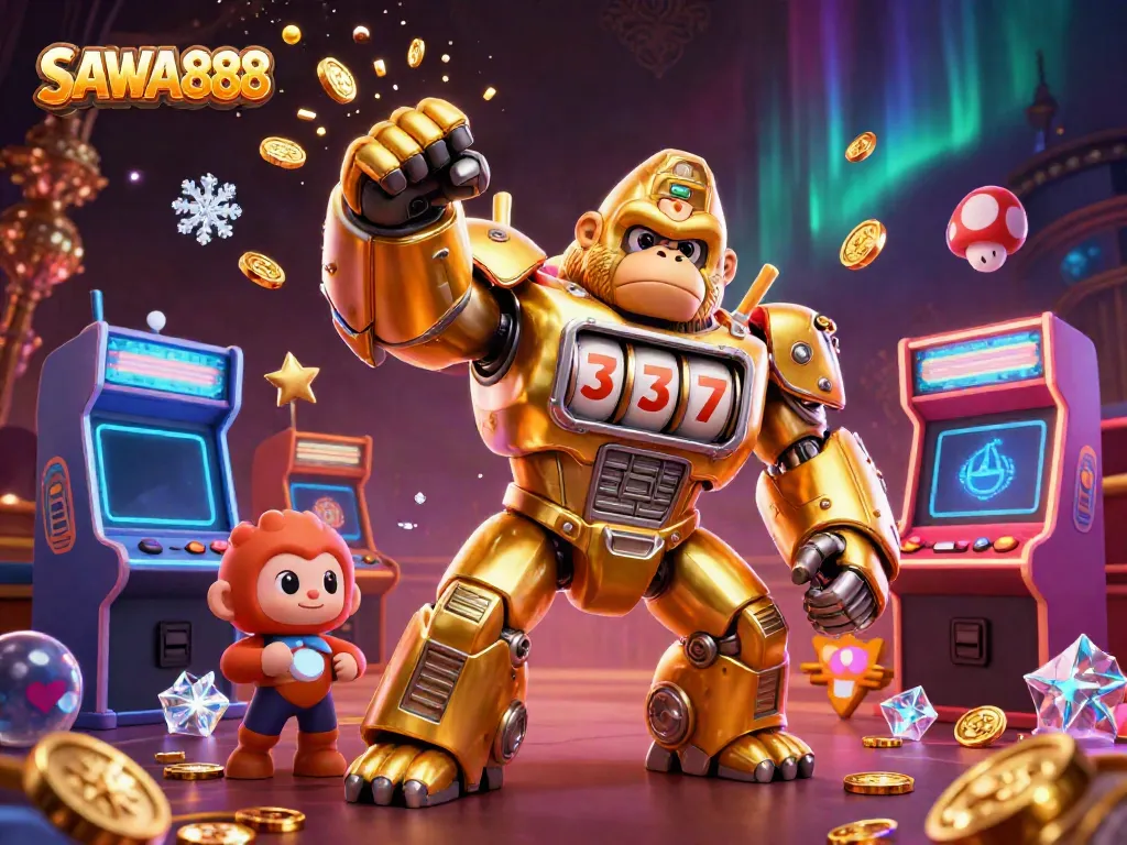 Experience thrilling wins with SAWA888, featuring an epic golden gorilla mech and arcade elements emphasizing dynamic gameplay.