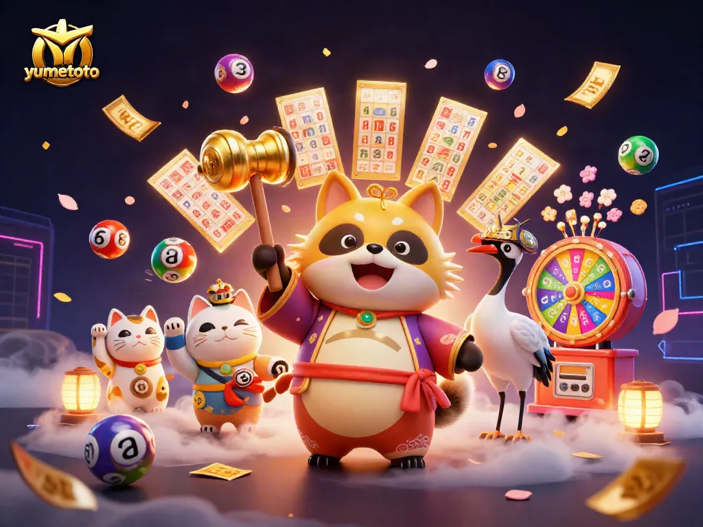 Engage with yumetoto's vibrant lottery scene, featuring a cheerful tanuki and colorful dynamic elements.