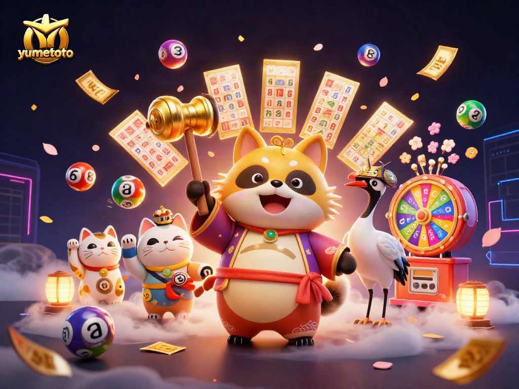Engage with yumetoto's vibrant lottery scene, featuring a cheerful tanuki and colorful dynamic elements.