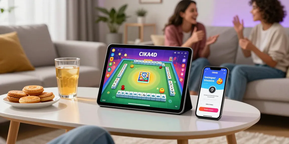 Engaging gaming scene with CIKA4D app on tablet, showcasing Mahjong gameplay in a vibrant living room.