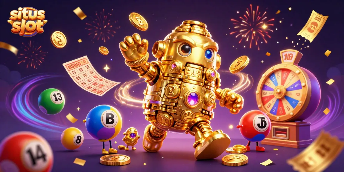 Spin to win at situs slot with the colorful golem, lottery balls, and vibrant casino elements.