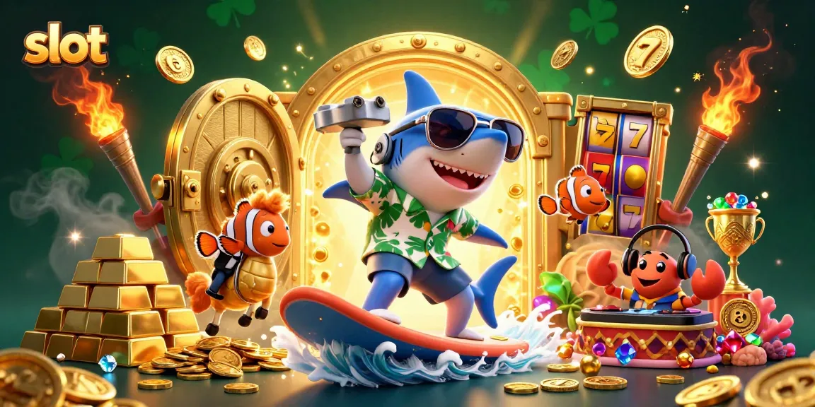 Engage in thrilling slot action with sharks, seahorses, and DJ crabs amidst a treasure-filled ocean scene.