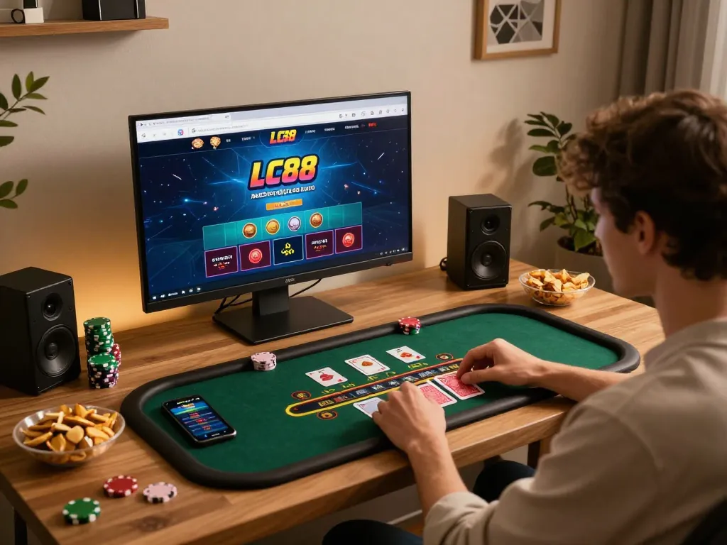Engaging in online gaming at LC88 casino, showcasing a lively blackjack game.