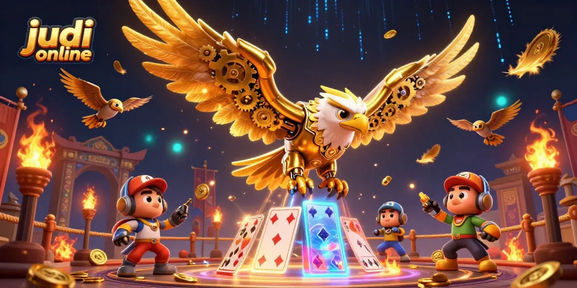 Experience thrilling judi online action with cybernetic eagles in a vibrant casino battleground.