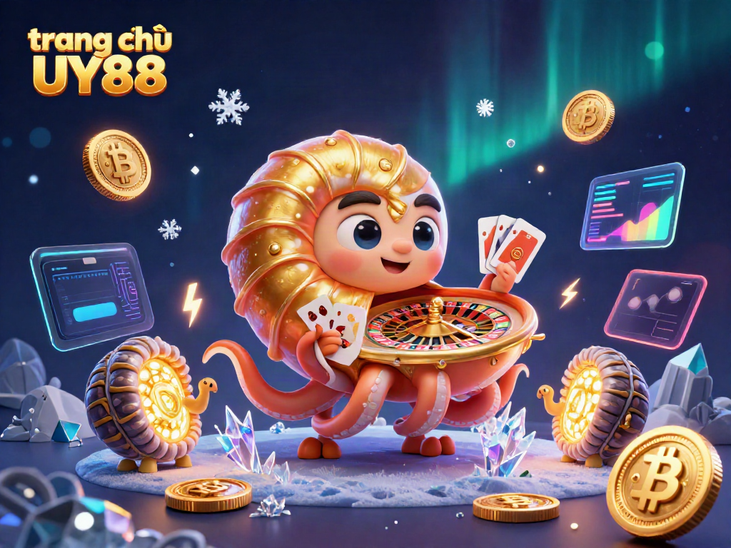 Experience the thrill with trang chủ UY88, showcasing an ancient nautilus roulette wheel amidst glowing crypto elements.
