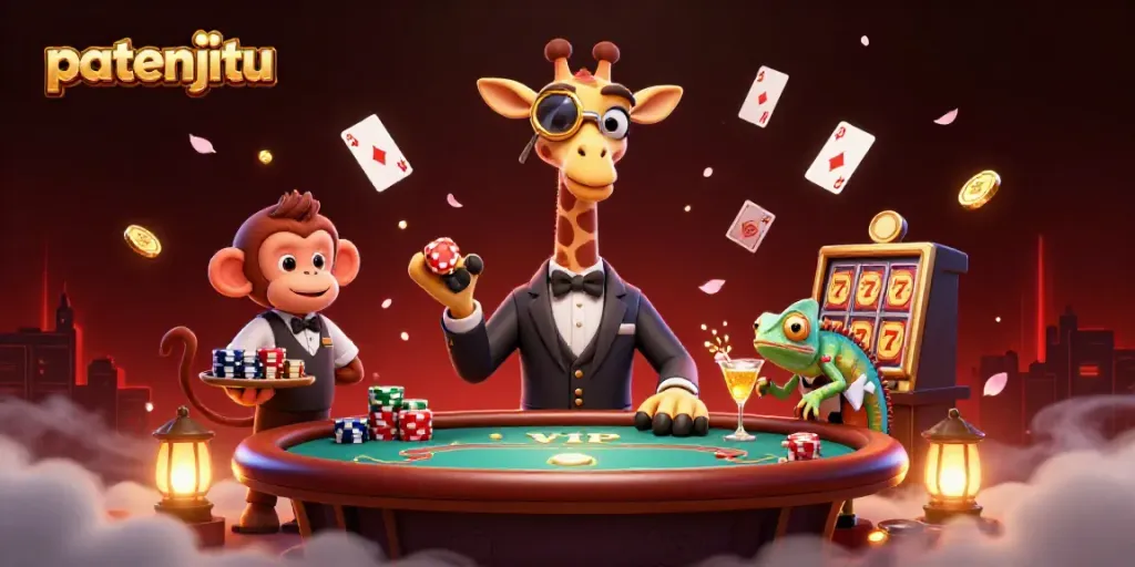 Gambaran patenjitu yang menarik dengan jerapah, monyet, dan bunglon di meja poker.