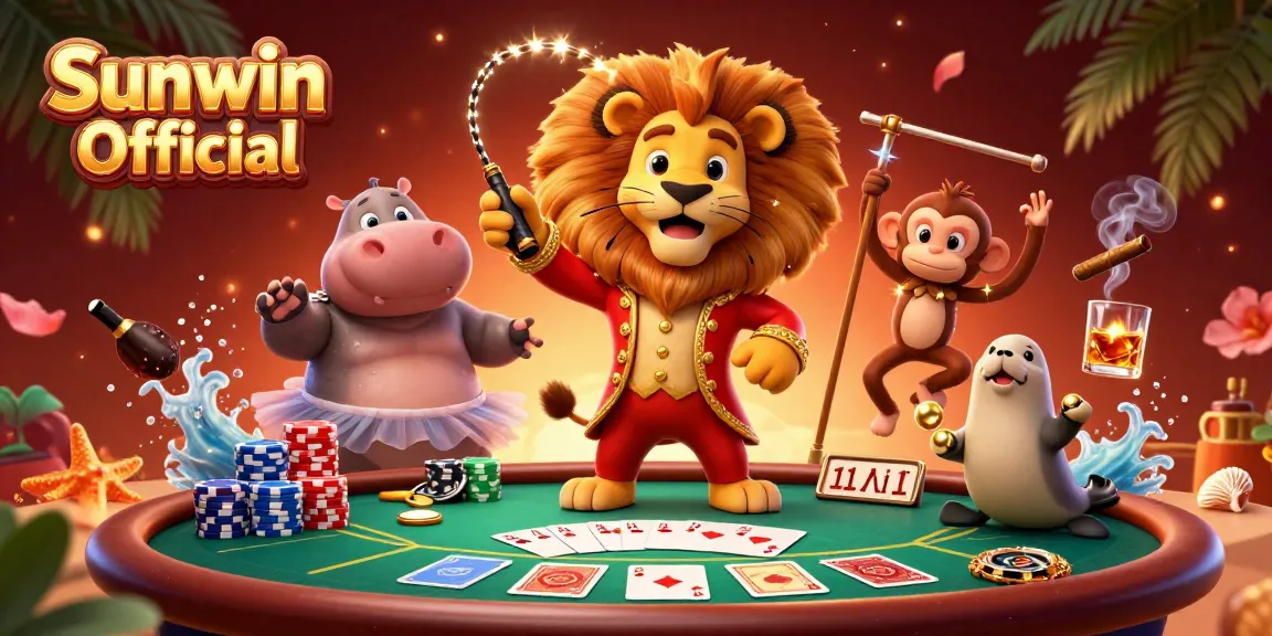 Engage with the vibrant scene of Sunwin Official featuring exciting casino characters around a dynamic poker table.