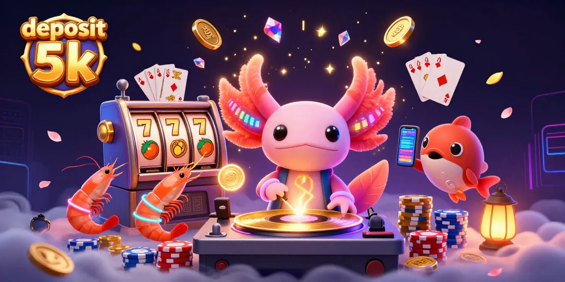 Deposit 5k pada slot online, dengan koin emas dan karakter menarik menari dalam suasana kasino.