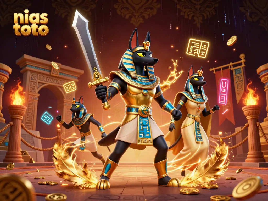 Ilustrasi 3D nias toto dengan karakter Mesir kuno Anubis dan Bastet serta elemen kasino