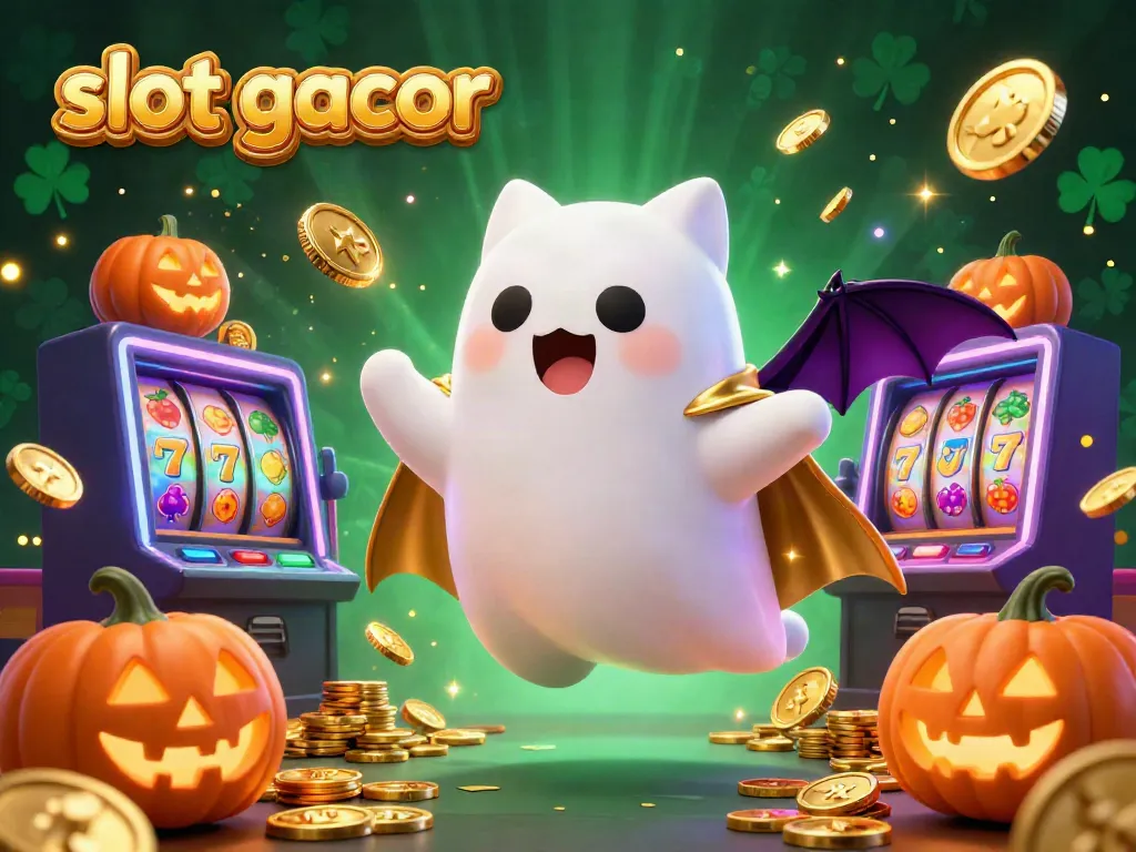 Experience the excitement of slot gacor as friendly ghost cat and bat navigate a vibrant casino scene.