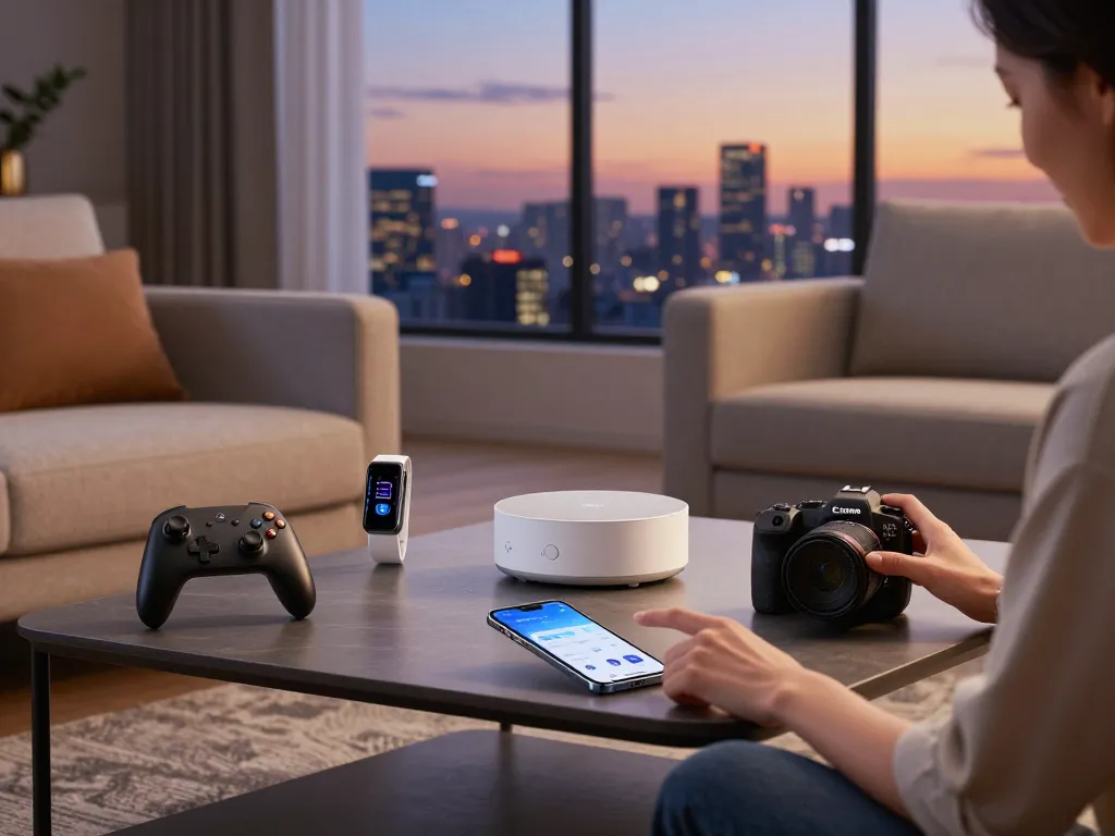 Engaging scene showcasing top 10 tech gadgets 2060 with Bluetooth devices in a modern living room.
