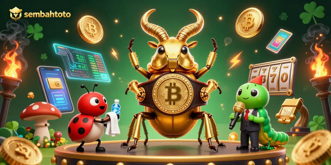 Cheer on the giant stag beetle in the sembahtoto casino showdown, showcased with crypto coins and vibrant visuals.