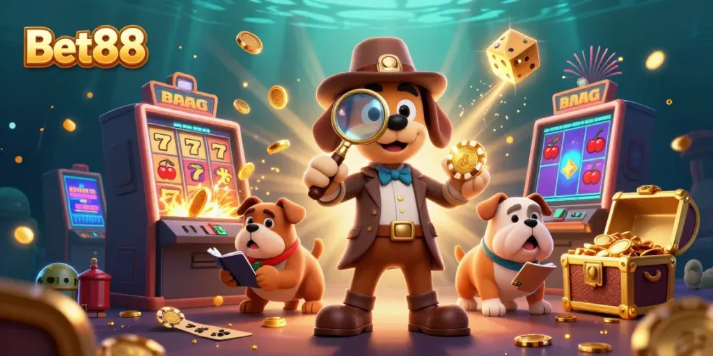 Experience thrilling adventures with Bet88 featuring a detective and treasures in a vibrant casino scene.