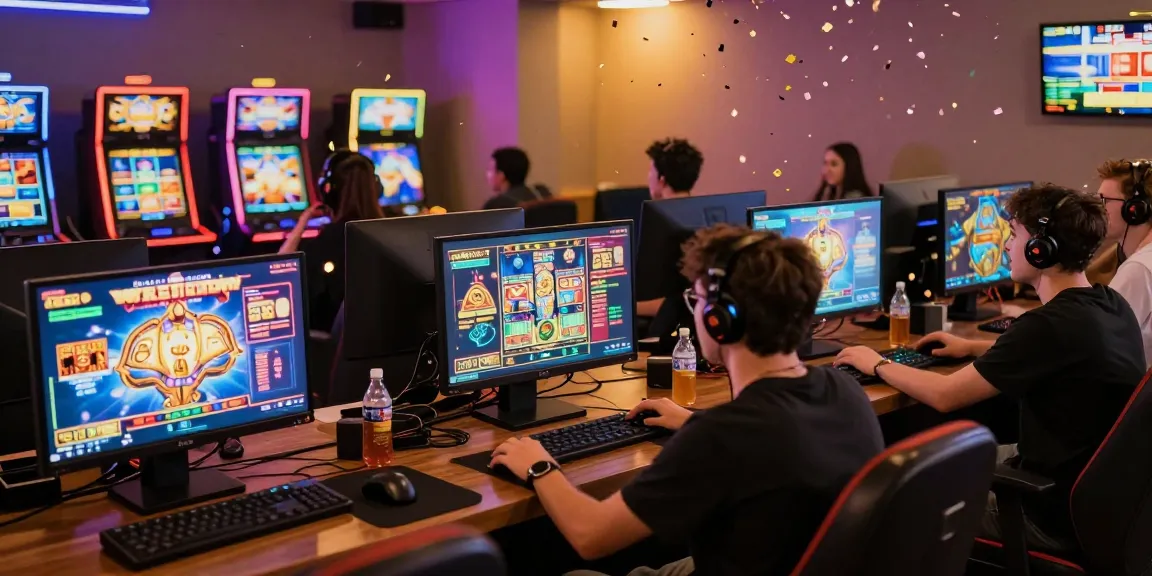 Players enjoying a slot game session in a vibrant online casino setting.
