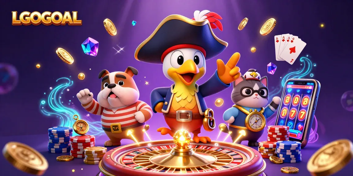 Engage with the exciting world of LGOGOAL, showcasing pirate characters amidst dynamic casino scenes of slot games and roulette.