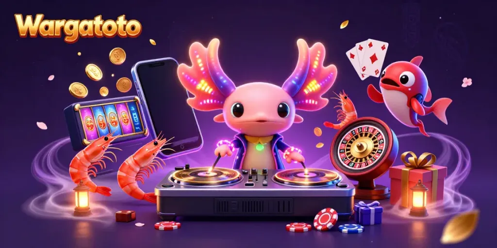 Wargatoto menghadirkan ilustrasi 3D dari DJ axolotl neon dan suasana permainan loto yang meriah.