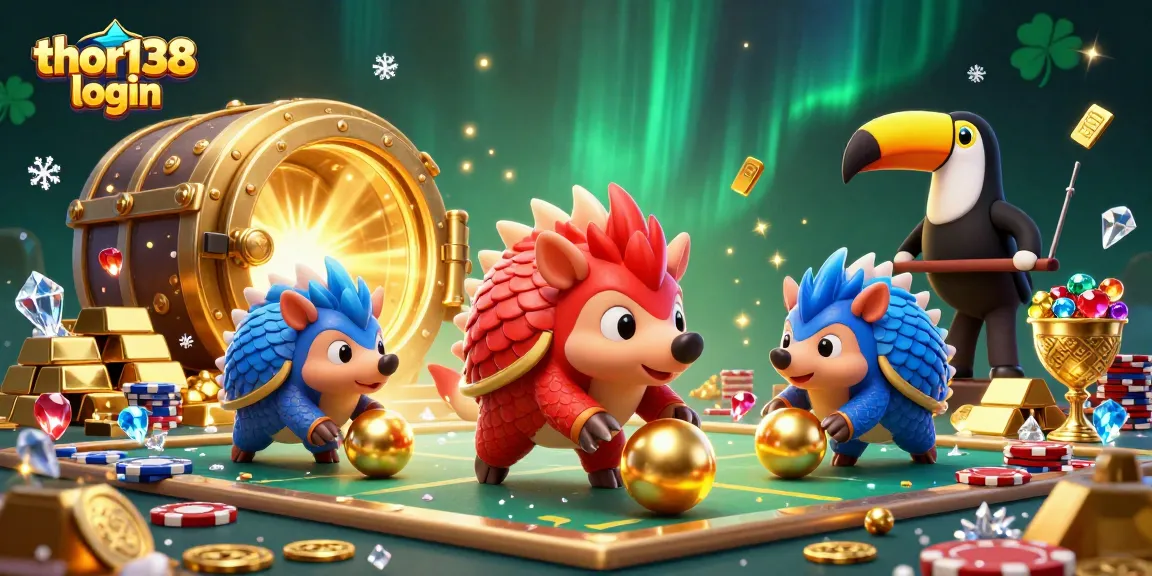 Thor138 login dengan pangolin bersaing dalam permainan kasino yang kaya akan perhiasan dan koin emas.