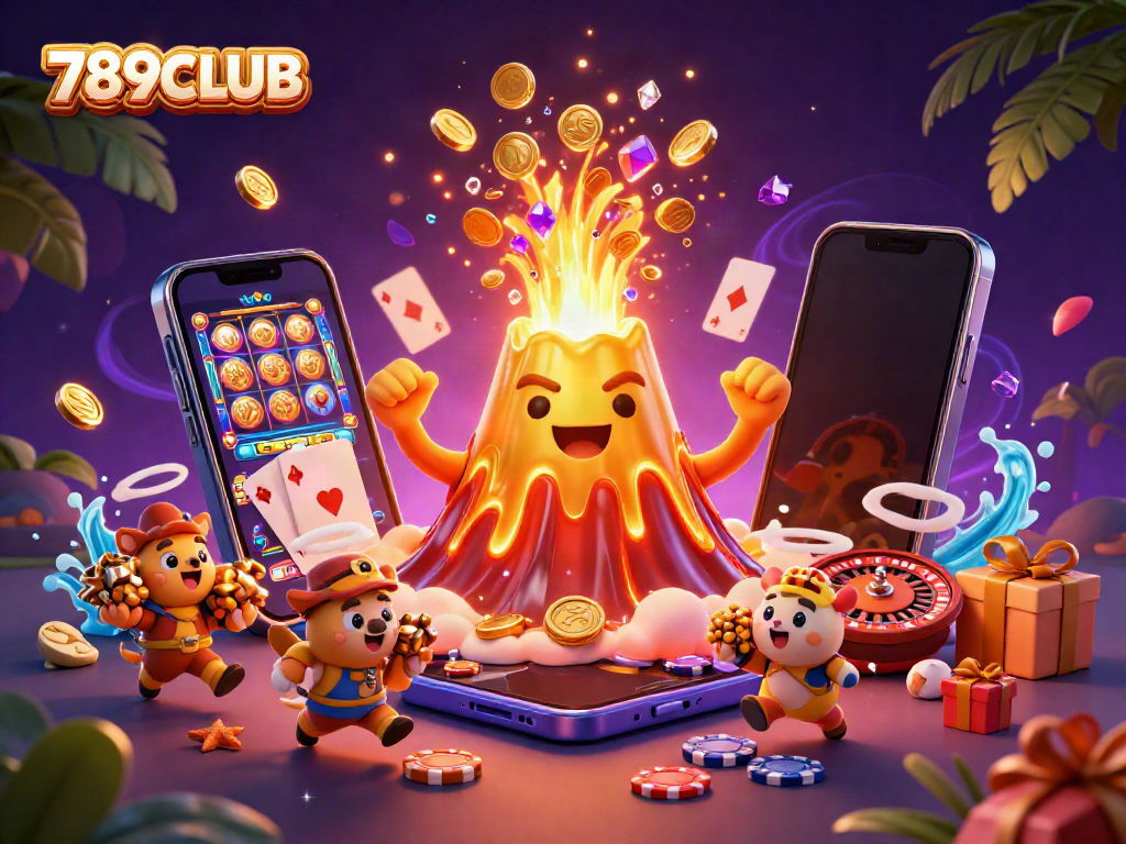 Engage with 789CLUB's thrilling casino world featuring a golden volcano erupting coins and treasures.