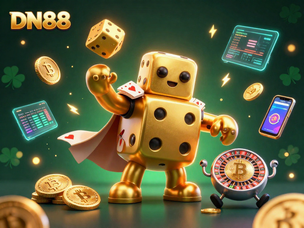 Engage with DN88's vibrant casino experience featuring golden dice and crypto elements.