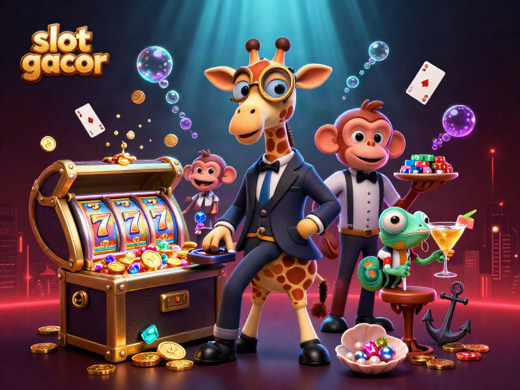 Slot gacor memperlihatkan jerapah berpengaruh di mesin slot dengan latar belakang kasino mewah.