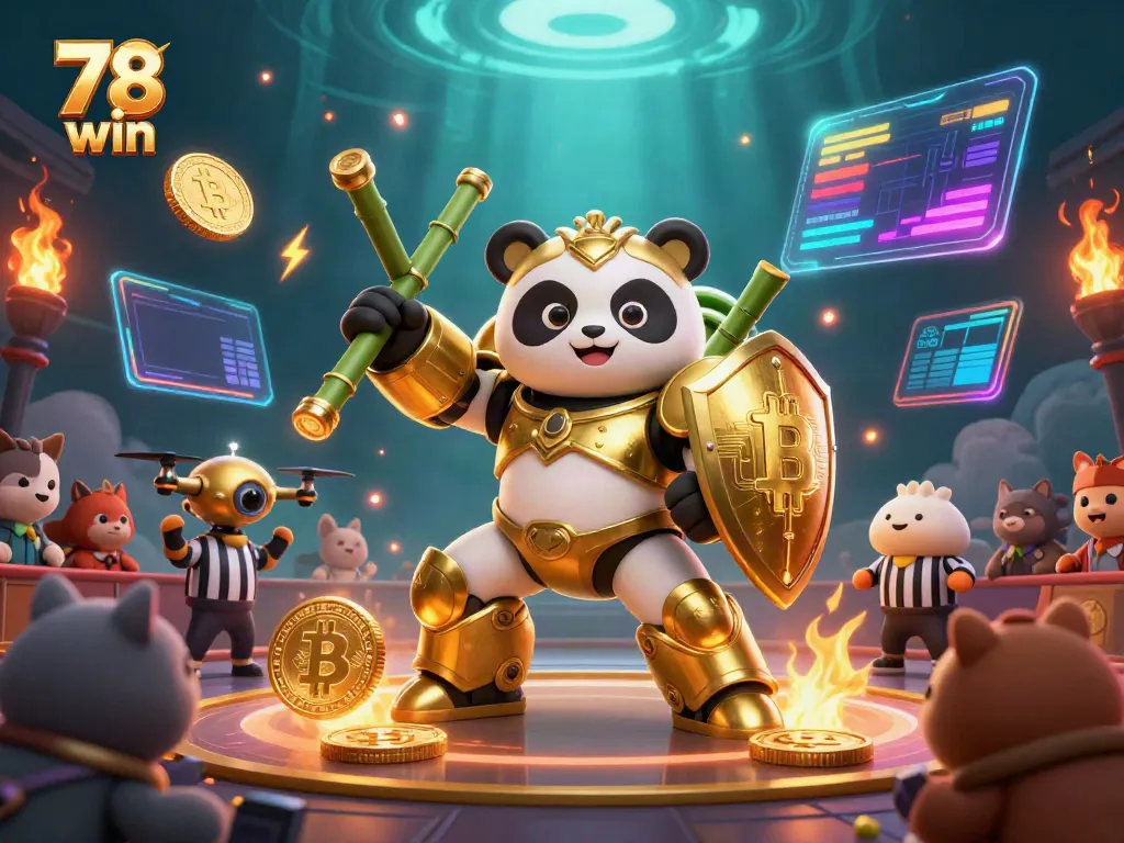 Engage in thrilling 78 win gaming experiences with dynamic characters and glowing cryptocurrency elements in a lively arena.