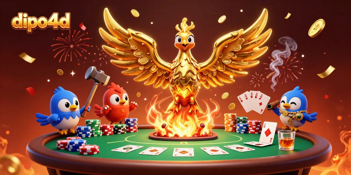 Engage with dipo4d's thrilling casino scene featuring a golden phoenix amidst poker elements and vibrant confetti.