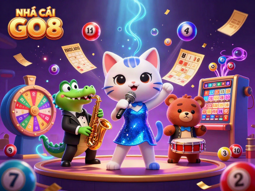 Engage with exciting gaming at NHÀ CÁI GO8 featuring dynamic lottery balls, entertaining characters, and vibrant casino elements.