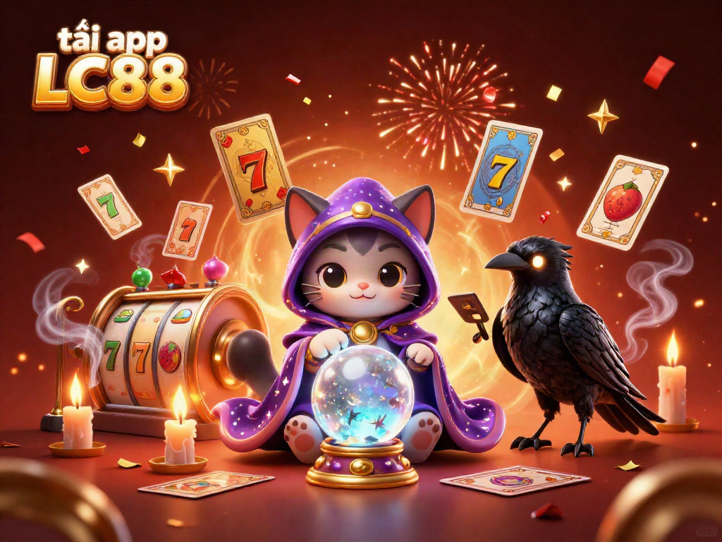 Experience the excitement with tải app LC88 featuring a mystical cat and raven in a vibrant casino scene.