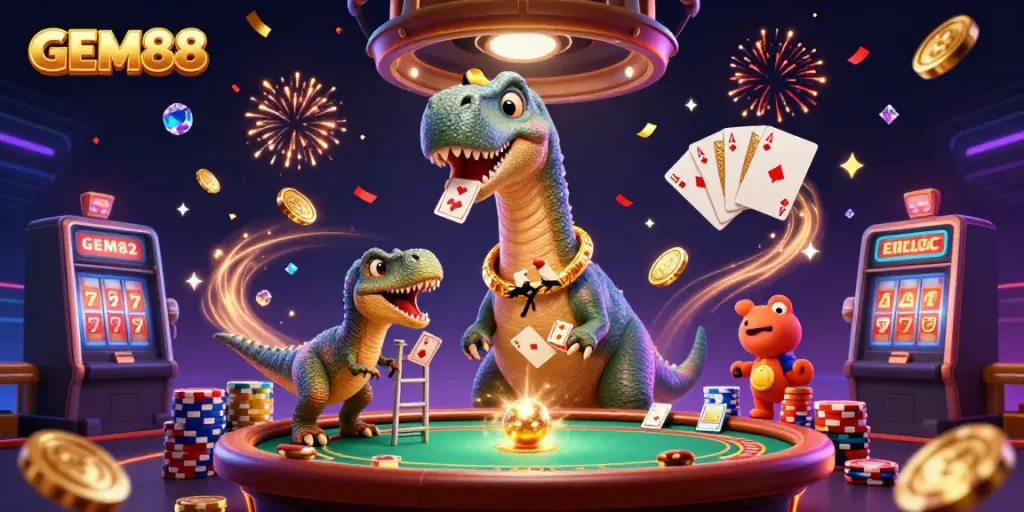 GEM88 casino scene with a giant brontosaurus, a raptor dealing cards, and flying gold coins.