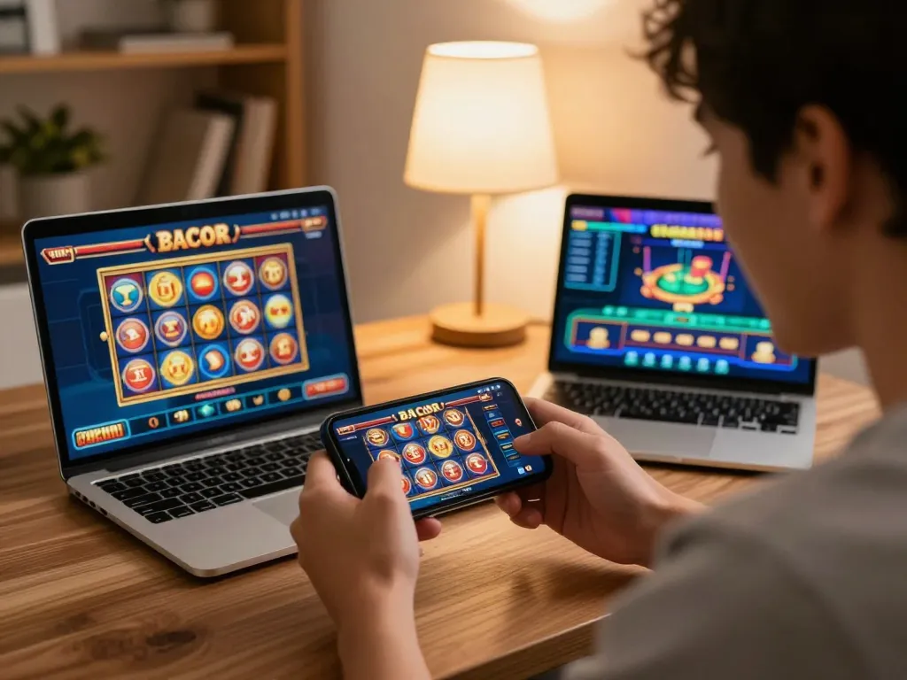 Player enjoying thrilling slot gacor gameplay on mobile app in cozy home environment.