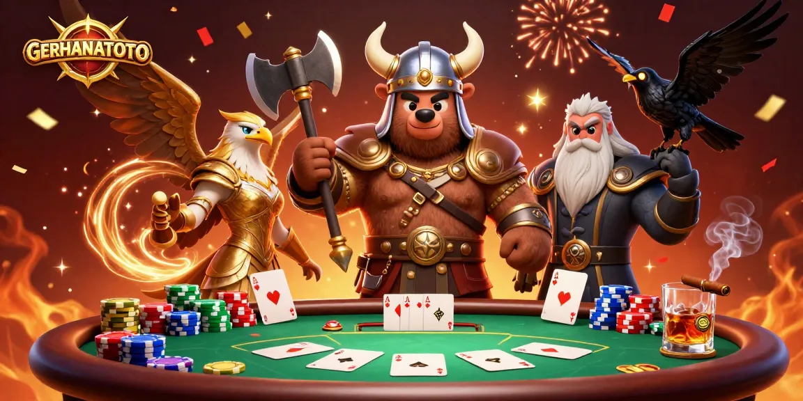 Menangkan peluang di GERHANATOTO saat bermain poker dengan karakter kartun Viking dan Valkyrie yang epik.