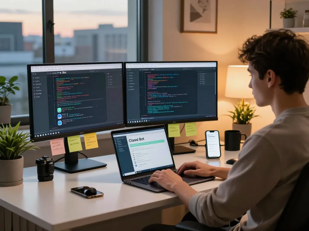 Engaging home office scene with Clawd Bot assistant on screens for task management.