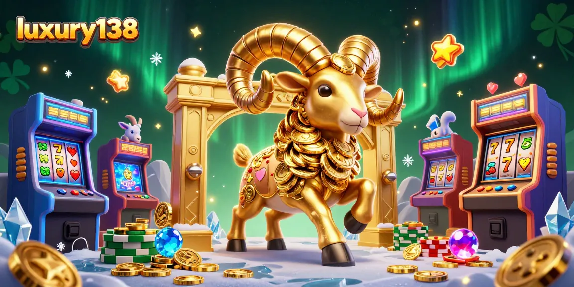 Experience luxury138 with a gold charging ram and vibrant slot game elements in action.