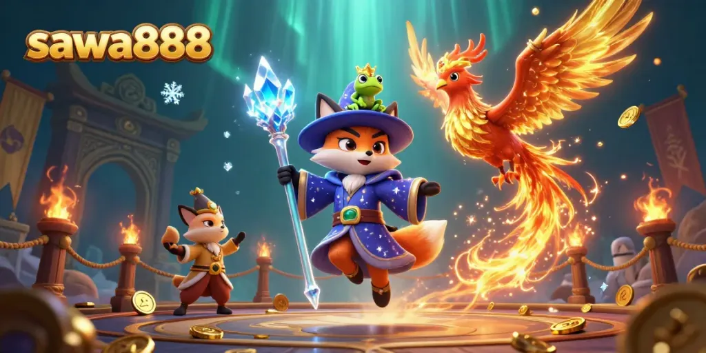 Engage with sawa888 casino excitement, featuring a wizard, phoenix, and magical elements.