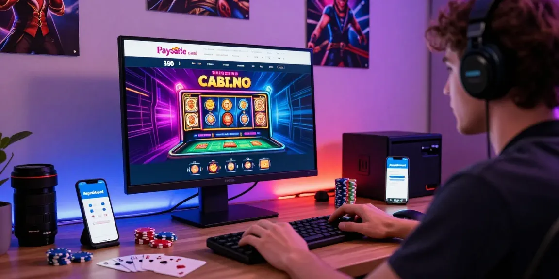Spannende Paysafe Card Casino-Szene mit einem Spieler, der in Online-Glücksspiel und lebhaften Spielelementen engagiert ist.