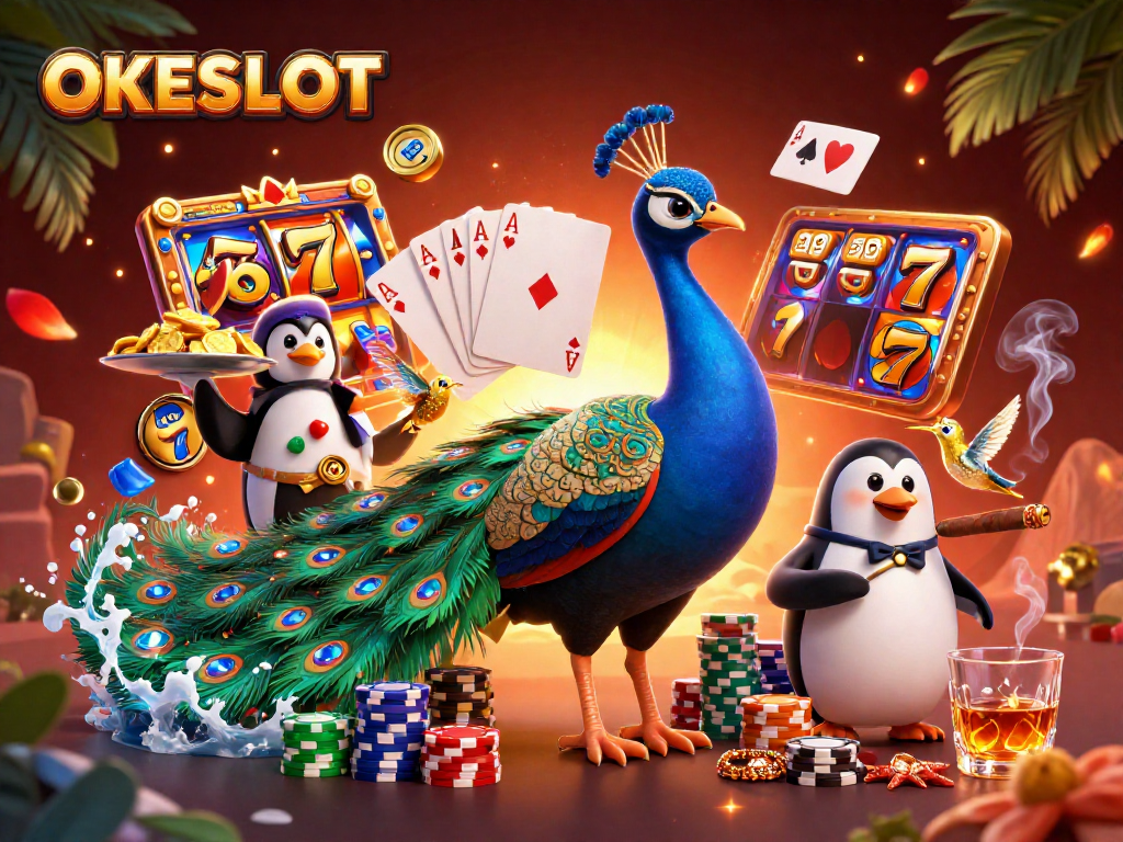 Permainan slot menarik di OKESLOT dengan karakter kartun lengkap dan suasana kasino yang hidup.