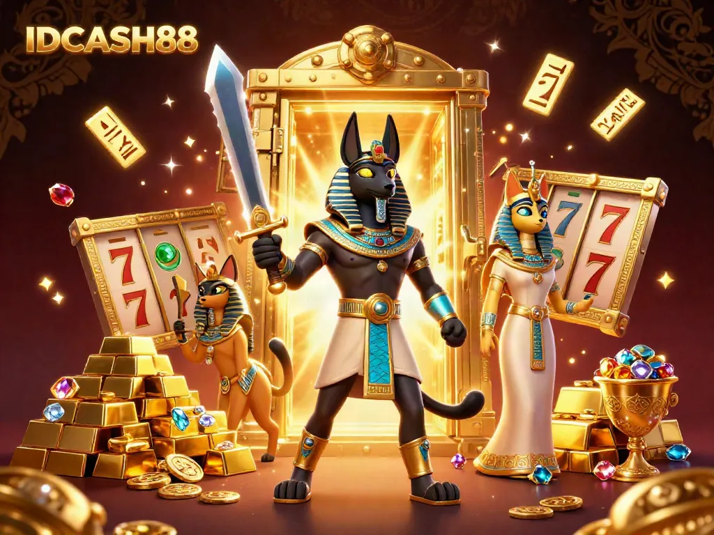 Experience the thrill of IDCASH88 with vibrant slot reels and rich treasures in this dynamic casino scene.