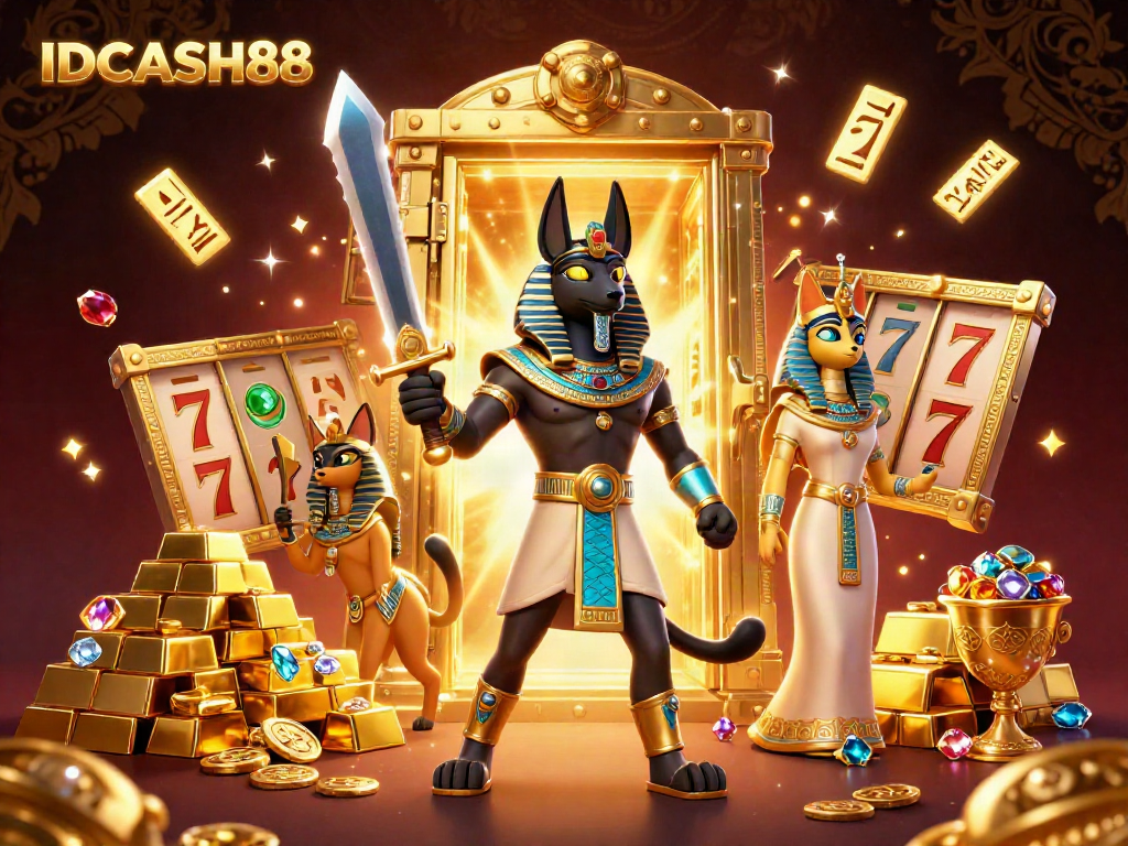 Experience the thrill of IDCASH88 with vibrant slot reels and rich treasures in this dynamic casino scene.