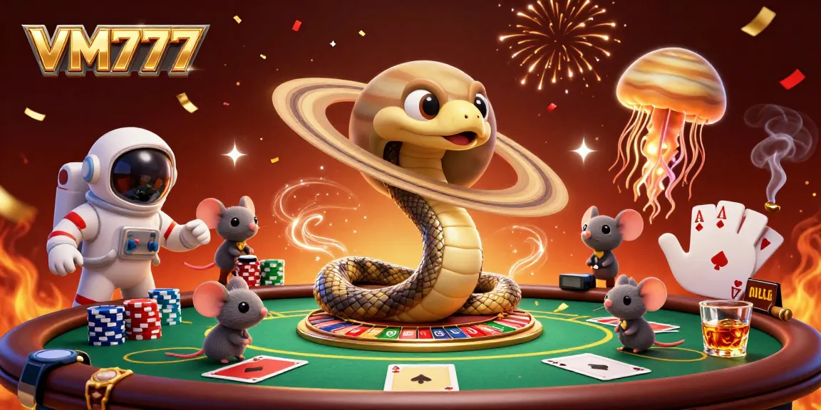 Engage with VM777 as astronaut mice playfully bet on a roulette wheel formed by Saturn's rings in a vibrant cosmic casino.
