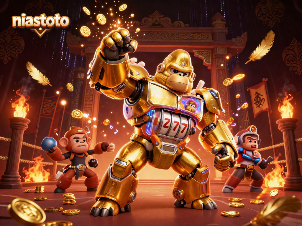 Gorila emas mech yang terbuat dari mesin slot meledakkan koin dalam arena judi niastoto.