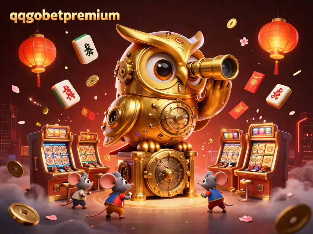 Experience the excitement of qqgobetpremium with a vibrant casino scene featuring a majestic golden owl and whimsical elements.