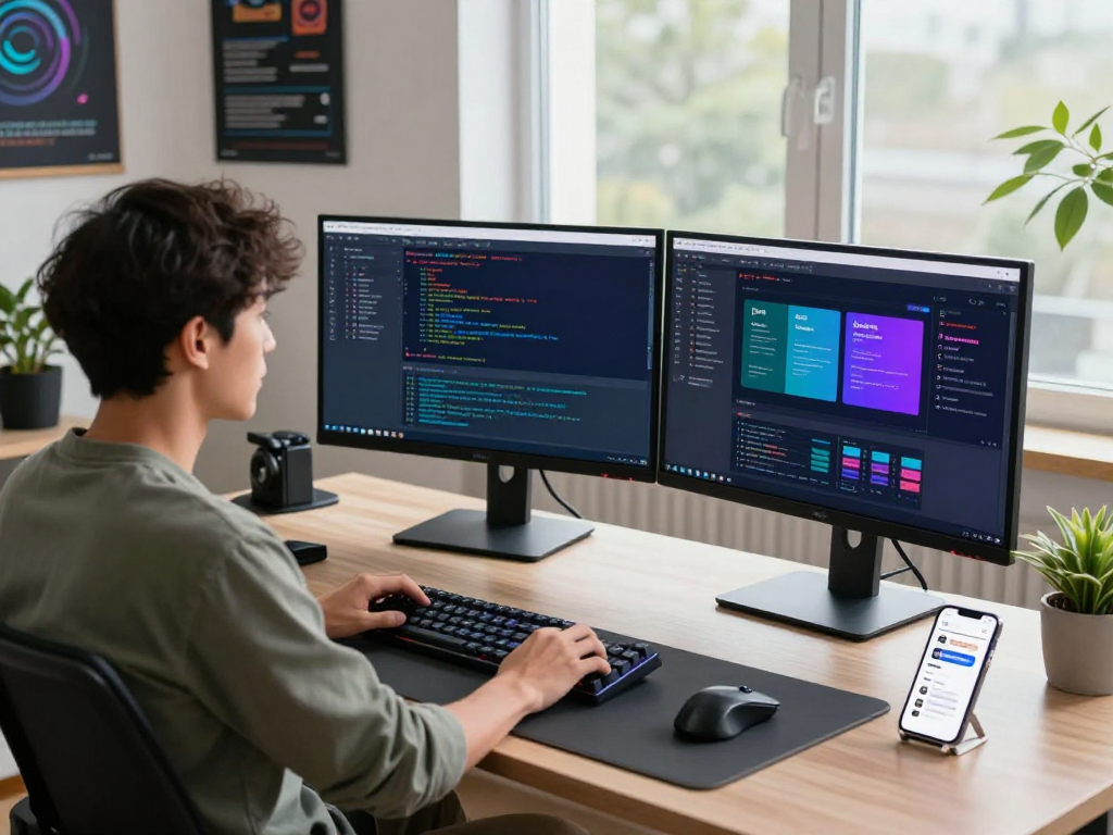 Developer produktif di ruang kerja modern dengan tampilan kode martil4d.