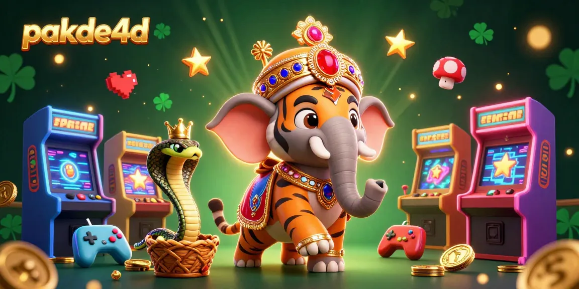 Experience excitement with pakde4d, as illustrated by a vibrant gaming scene featuring a maharaja, elephant, and arcade elements.