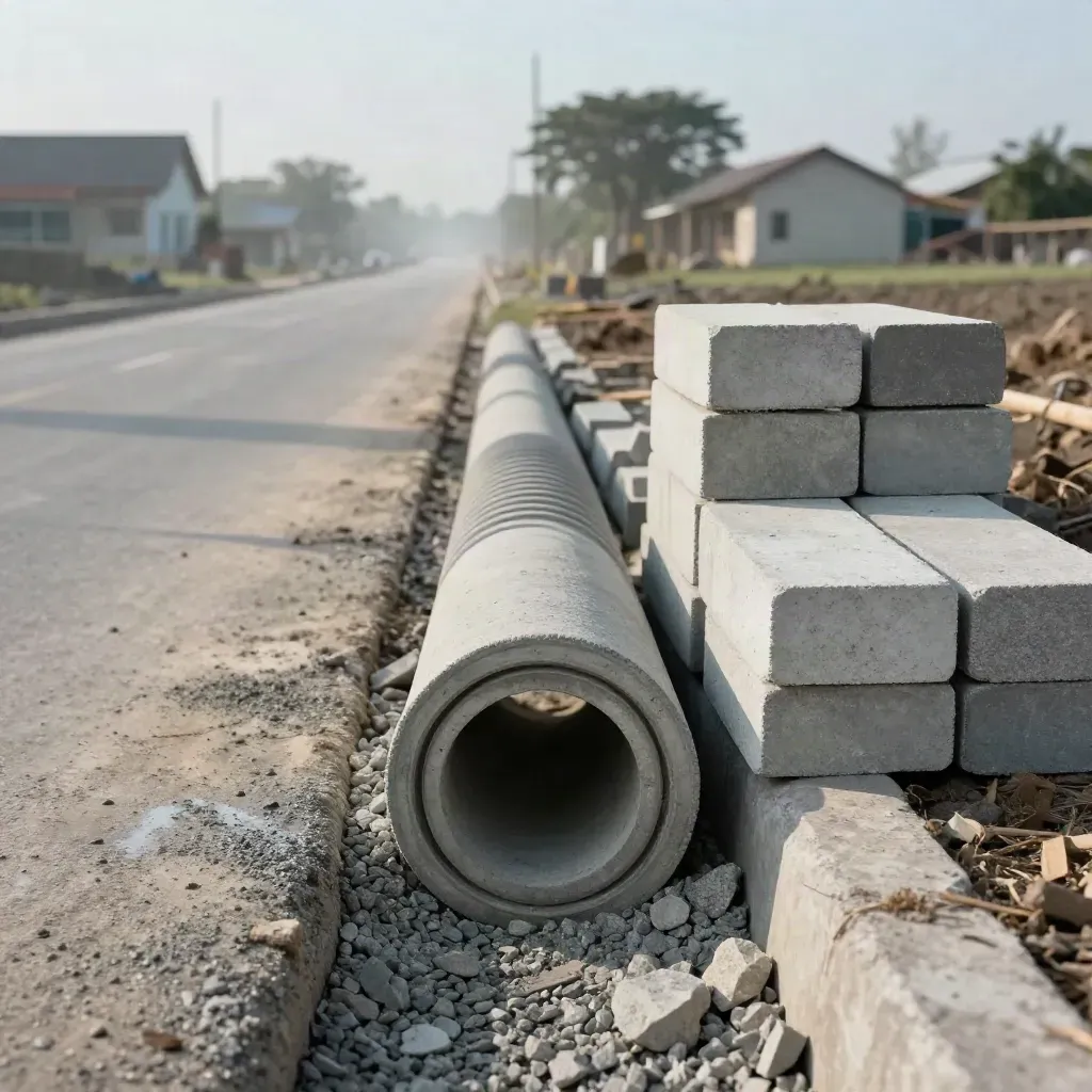 Jalan kampung diperbarui dengan gorong-gorong baru, paving, kerikil, dan pipa drainase di sisi jalan.