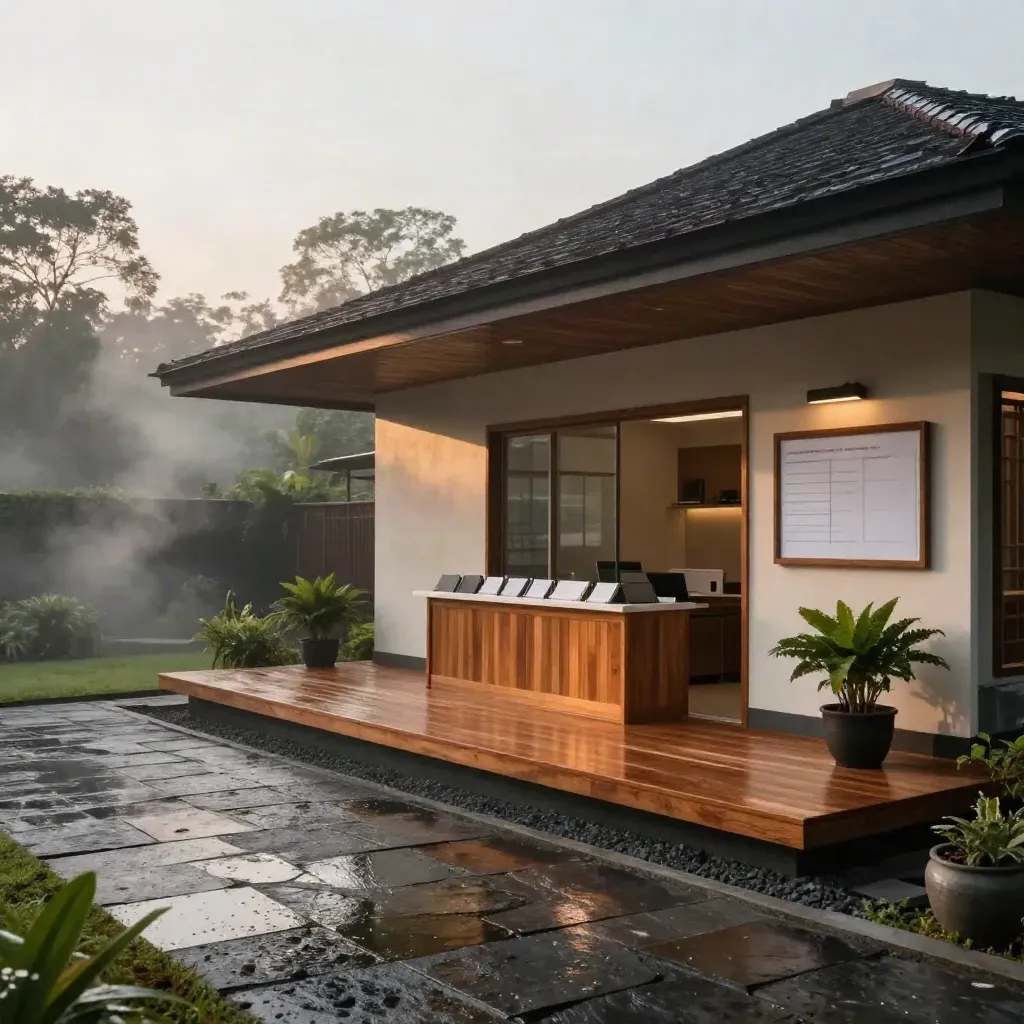 Fasad kantor desa modern dengan teras layanan, jalan batu basah, kabut pagi, dan pot hijau.