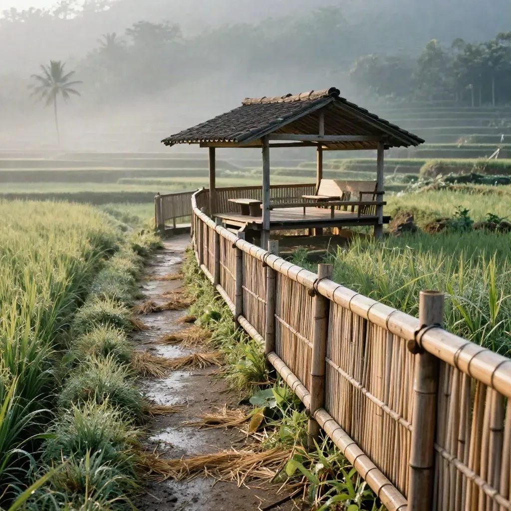 Jalur wisata sawah berpagar bambu, teras pandang kecil, dan rumah singgah sederhana di pagi berkabut.