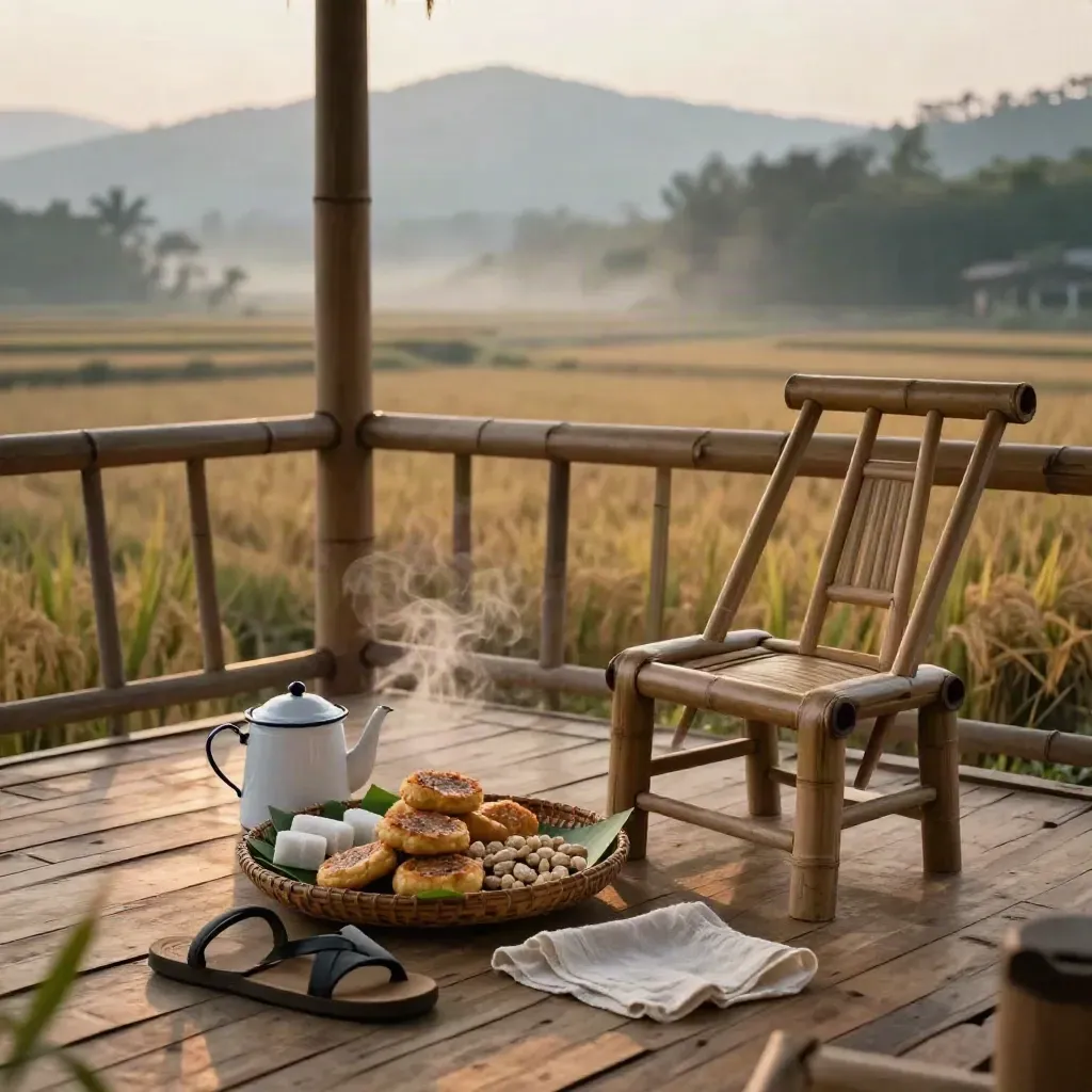 Teras homestay bambu dengan kudapan lokal, teko enamel, sandal tamu, dan lembah sawah berkabut