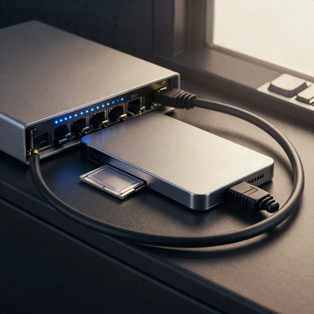 Hub jaringan, SSD eksternal, kartu memori, dan kabel data hitam di rak server gelap.