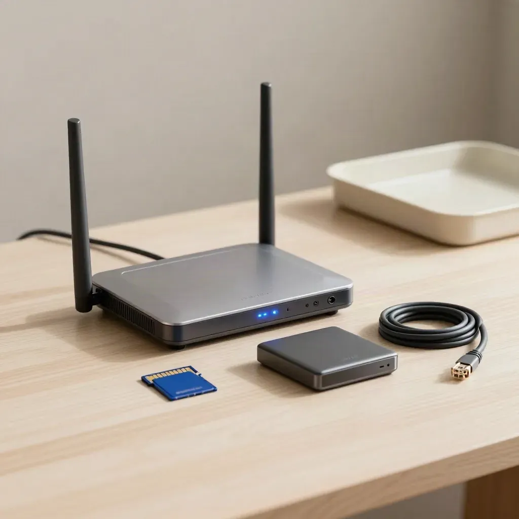 Router kecil, kartu memori, drive cadangan, dan kabel ethernet di meja kayu terang.
